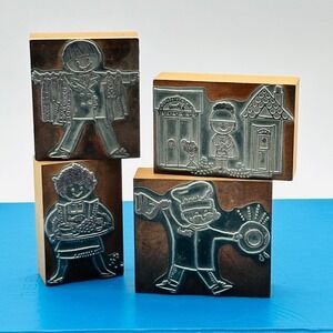 Vintage Set of 4 Letterpress Metal Wood Mounted Printing Stamps